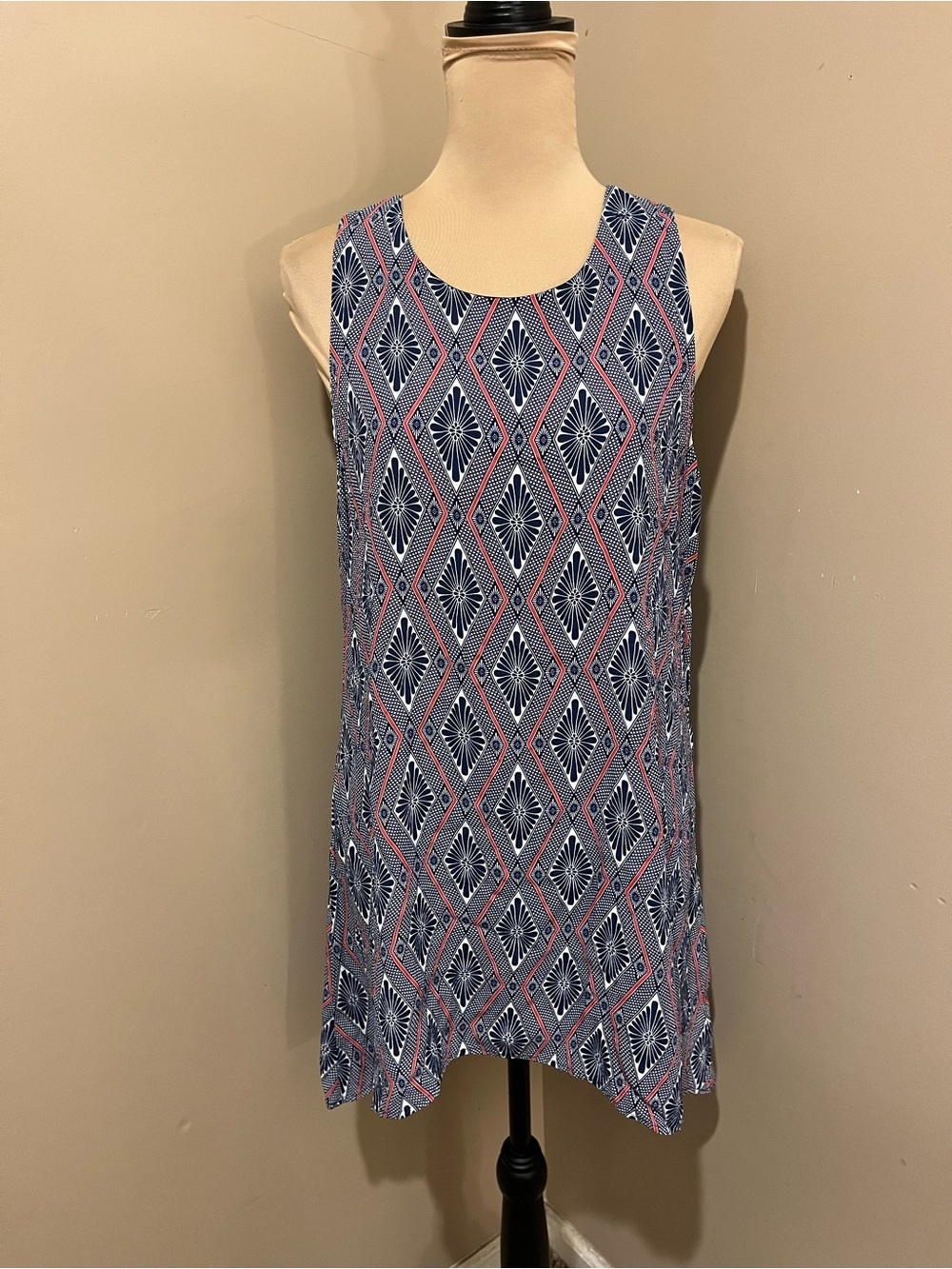 Karen Kane Navy & Pink Diamond-Print Hi-Low Sleeveless Tunic, XL